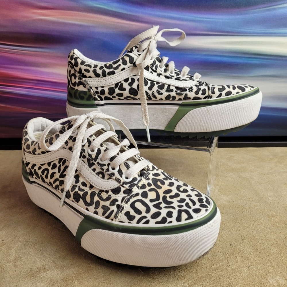VANS Old Skool Stacked Platform Shoes Leopard Fabric, Sz 6.5 Women's